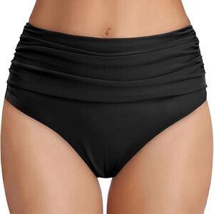 Tempt Me Bikini Bottom Women Medium Black High Waisted Swim Ruched Full Coverage